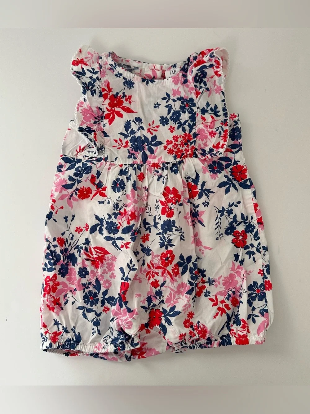 GAP Baby Girl White Sleeveless Romper with Navy, Red and Pink Floral Print